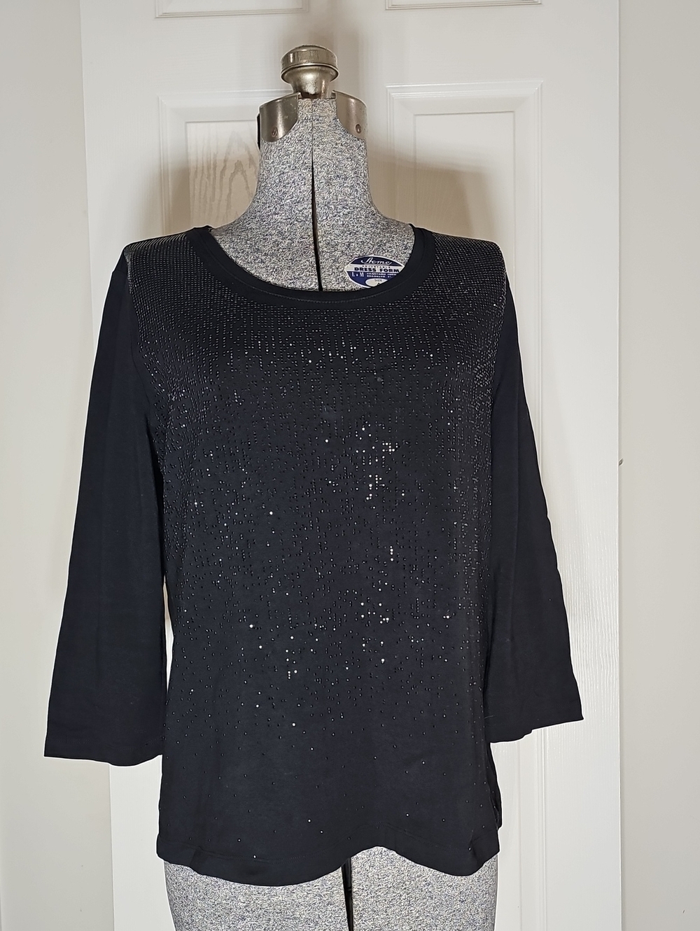 Chico's Zenergy Black Sequin Studded Embellished 3/4 Sleeve Knit Top Size 2 L